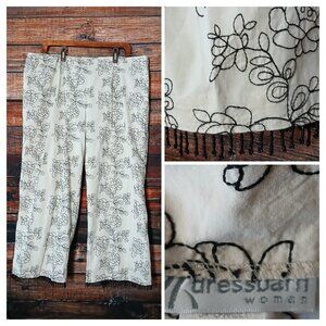 Dressbarn Woman Pants 18 Vintage Floral Embroidered Beaded Fringe Side Zip Cream